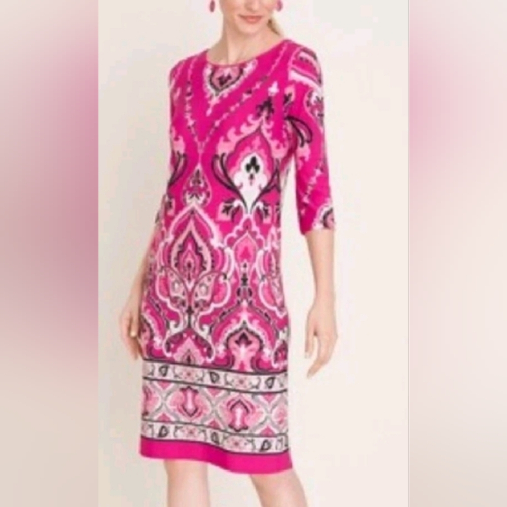 CHICOS Vacation Office Artsy Western Pink Black Patterned Scarf Shift Dress L